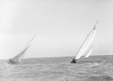 The 6 Metre class Vanda Stella and Lanka racing upwind, 1914. Creator: Kirk & Sons of Cowes