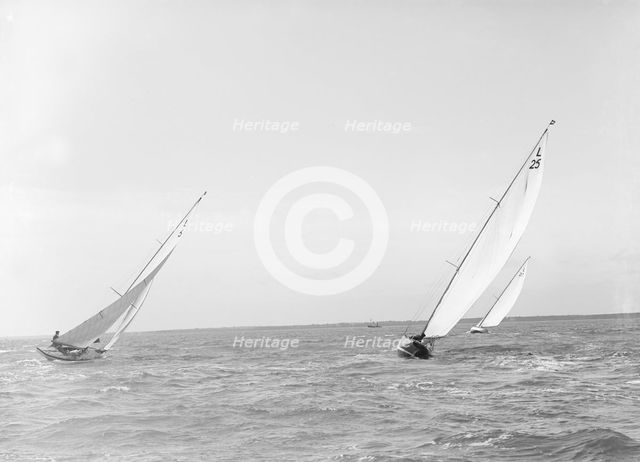 The 6 Metre class 'Vanda', 'Stella' and 'Lanka' racing upwind, 1914. Creator: Kirk & Sons of Cowes.