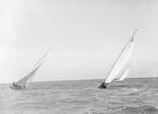 The 6 Metre class Vanda Stella and Lanka racing upwind, 1914. Creator: Kirk & Sons of Cowes