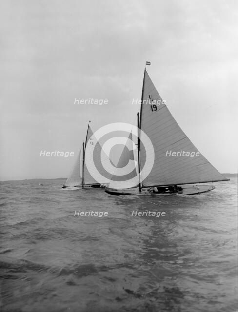 The 6 Metre 'Sioma' and 'Ejnar' racing upwind, 1912. Creator: Kirk & Sons of Cowes.