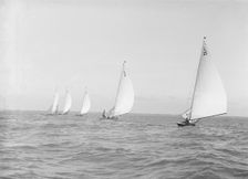 The 6 Metre Stella Vanda , Bubble Wamba and Lanka racing downwind, 1914. Creator: Kirk & Sons of Cowes