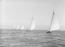 The 6 Metre Stella Vanda , Bubble Wamba and Lanka racing downwind, 1914. Creator: Kirk & Sons of Cowes
