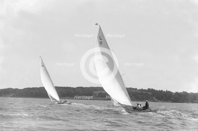 The 6-metre 'Wamba II' and 'Lanka' sailing on a reach, 1914. Creator: Kirk & Sons of Cowes.