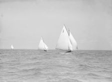 The 6 Metre The Whim (L6) and Correnzia racing downwind, 1911. Creator: Kirk & Sons of Cowes