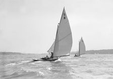 The 6 Metre The Whim (L6) and Correnzia racing downwind, 1911. Creator: Kirk & Sons of Cowes