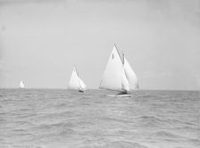 The 6 Metre The Whim (L6) and Correnzia racing downwind, 1911. Creator: Kirk & Sons of Cowes