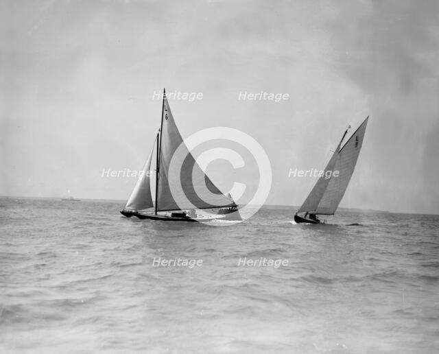 The 6 Metre yachts 'The Whim' (L6) and 'Cingalee' rounding mark, 1911. Creator: Kirk & Sons of Cowes.