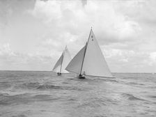 The 7 Metre class Anitra (K4) and Ginevra (K7) race downwind, 1912. Creator: Kirk & Sons of Cowes