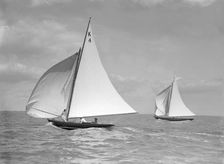 The 7 Metre Anitra (foreground) and Nelta on downwind leg, 1911. Creator: Kirk & Sons of Cowes