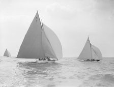 The 7 Metre Marsinah (K1) and Anitra (k4) racing downwind, 1912. Creator: Kirk & Sons of Cowes