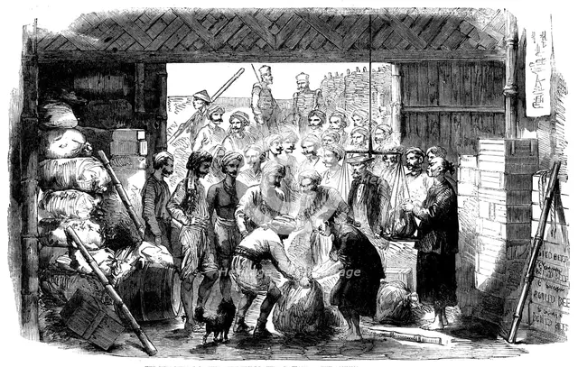 The 70th Bengal Native Infantry drawing rations at the Commissariat Stores, Canton, 1858. Creator: Unknown.