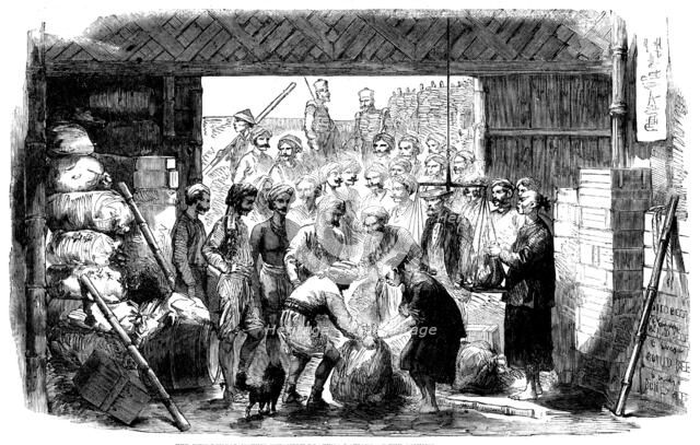The 70th Bengal Native Infantry drawing rations at the Commissariat Stores, Canton, 1858. Creator: Unknown.