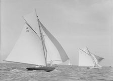 The 8 Metre Antwerpia (H19) and Windflower (H3) racing under spinnaker, 1911. Creator: Kirk & Sons of Cowes