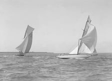 The 8 Metre Antwerpia (H19) and Windflower (H3) racing under spinnaker, 1911. Creator: Kirk & Sons of Cowes