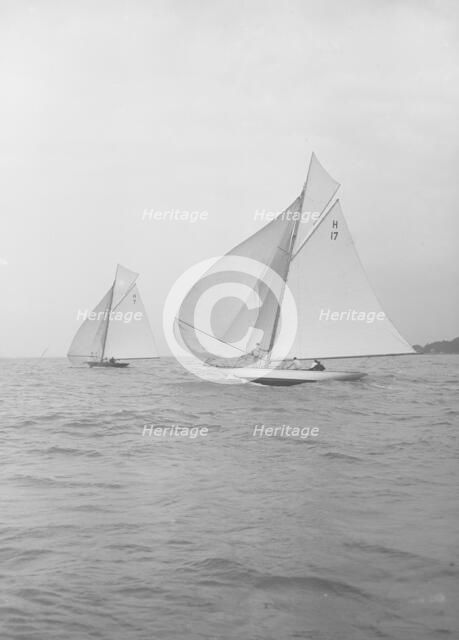 The 8 Metre 'Ierne' & 'Gundred' racing downwind, 1913. Creator: Kirk & Sons of Cowes.