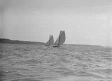 The 8 Metre sailing yachts Endrick and Spero racing downwind, 1911. Creator: Kirk & Sons of Cowes