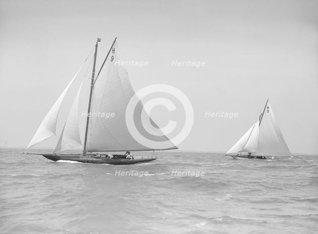 The 8 Metre 'Termagent' (H9) racing 'Windflower' (H3), 1911. Creator: Kirk & Sons of Cowes.