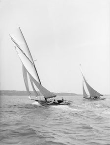 The 8 Metre Ventana and Garraveen race upwind, 1914. Creator: Kirk & Sons of Cowes