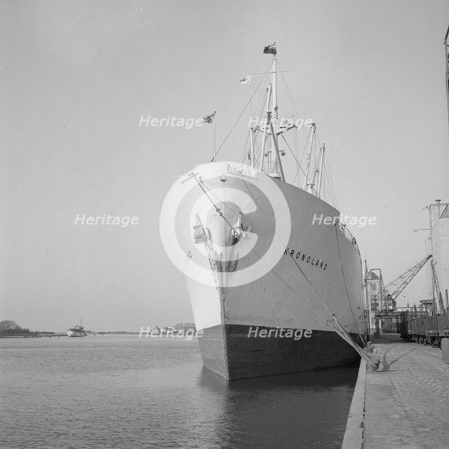 The M/S 'Kronoland' moored at the quayside, Landskrona harbour, Sweden 1953. Creator: Unknown.