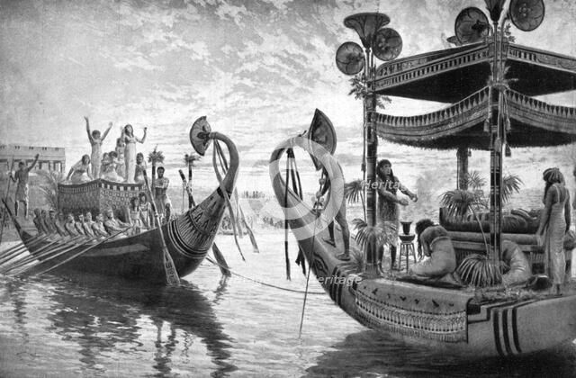 The mummy of Tutankhamun crossing the Nile for the last time, Egypt, 1325 BC (1933-1934). Artist: Unknown