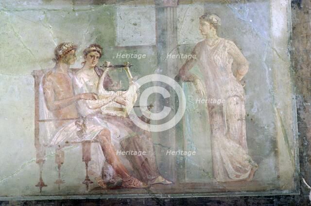 The Music Lesson, a Roman wall-painting from Herculaneum buried in the eruption of Vesuvius. Artist: Unknown