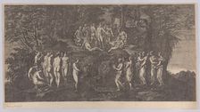 The musical contest between the Muses on one side and the Pierides on the other, judg..., 1750-1850. Creator: Anon