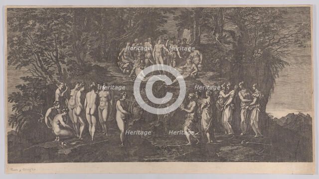 The musical contest between the Muses on one side and the Pierides on the other, judg..., 1750-1850. Creator: Anon.