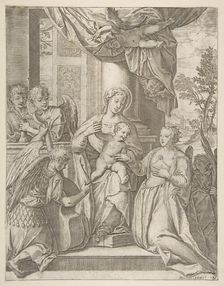 The mystic marriage of Saint Catherine who sits at center with the Christ child, angels wi..., 1585. Creator: Agostino Carracci
