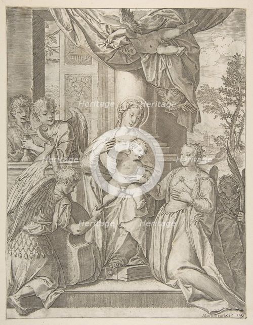 The mystic marriage of Saint Catherine who sits at center with the Christ child, angels wi..., 1585. Creator: Agostino Carracci.