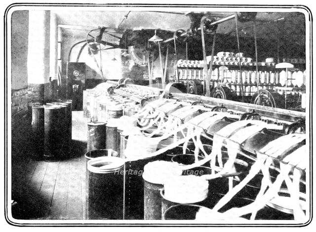 The machines, driven by electricity, that reduce the thickness of the slivers of cotton..., 1909. Creator: Unknown.
