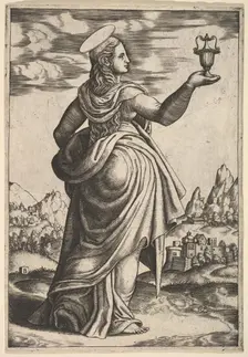 The Magdalene standing facing right, jar held in her raised right hand, 1530-60. Creator: Master of the Die