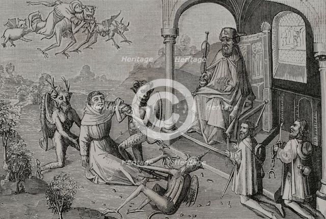 The Magician Hermogenes orders the devils, in the presence of the pilgrims to...15th century (1877). Creator: Unknown.