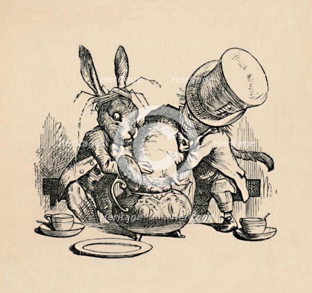 'The Mad Hatter and March hare trying to put the Dormouse into a teapot', 1889. Artist: John Tenniel.