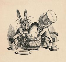 The Mad Hatter and March hare trying to put the Dormouse into a teapot 1889. Artist: John Tenniel