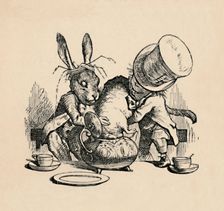 The Mad Hatter and March hare trying to put the Dormouse into a teapot 1889. Artist: John Tenniel