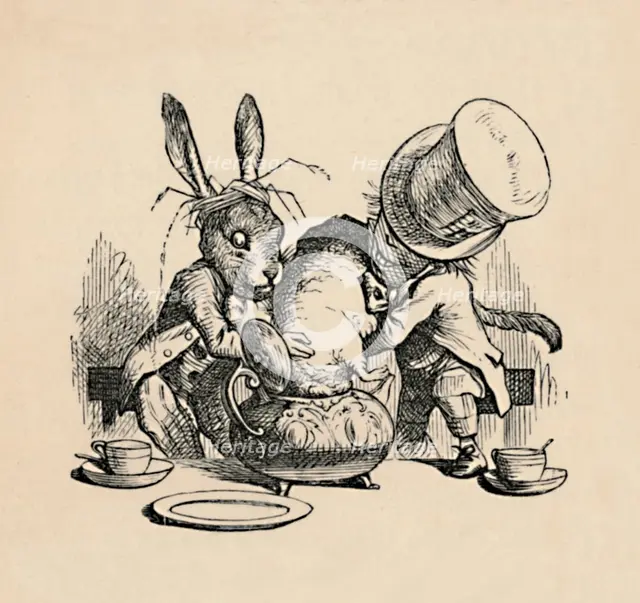 'The Mad Hatter and March hare trying to put the Dormouse into a teapot', 1889. Artist: John Tenniel.
