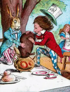 The Mad Hatter and the March Hare trying to put the Dormouse into a teapot c1910. Artist: John Tenniel