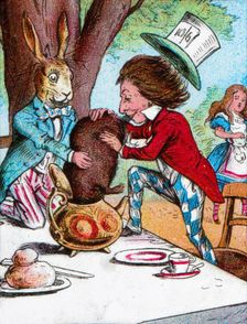 The Mad Hatter and the March Hare trying to put the Dormouse into a teapot c1910. Artist: John Tenniel