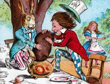The Mad Hatter and the March Hare trying to put the Dormouse into a teapot c1910. Artist: John Tenniel