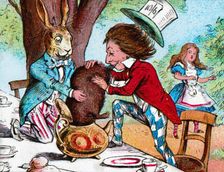 The Mad Hatter and the March Hare trying to put the Dormouse into a teapot c1910. Artist: John Tenniel