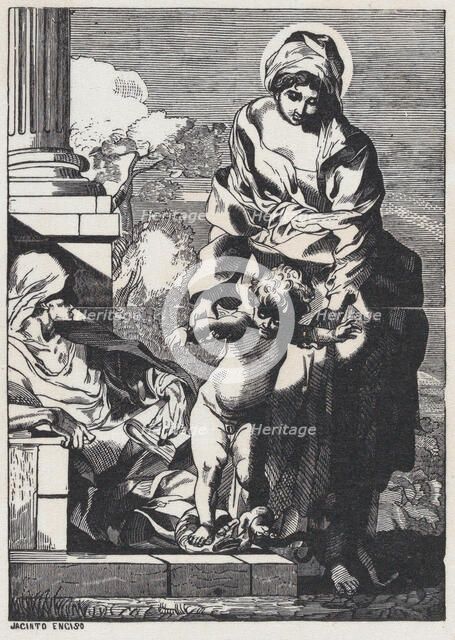 The Madonna helping baby Jesus take his first steps while Elizabeth reclines, ca. 1800-1899. Creator: Anon.