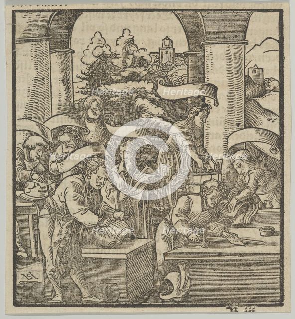 The Making of Armours, from Hymmelwagen auff dem, wer wol lebt..., 1517. Creator: Hans Schäufelein the Elder.