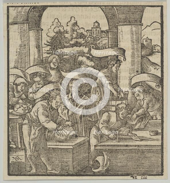 The Making of Armours, from Hymmelwagen auff dem, wer wol lebt..., 1517. Creator: Hans Schäufelein the Elder.