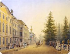 The Main Entrance of the Great Palace in the Peterhof 1852. Artist: Vasilij Semenovic Sadovnikov