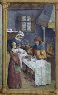 The maids. Miniature from Livre d'heures , Late 15th cen.