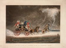 The mail coach in a thunderstorm on Newmarket Heath, Suffolk, 1827. Creator: G Reeves
