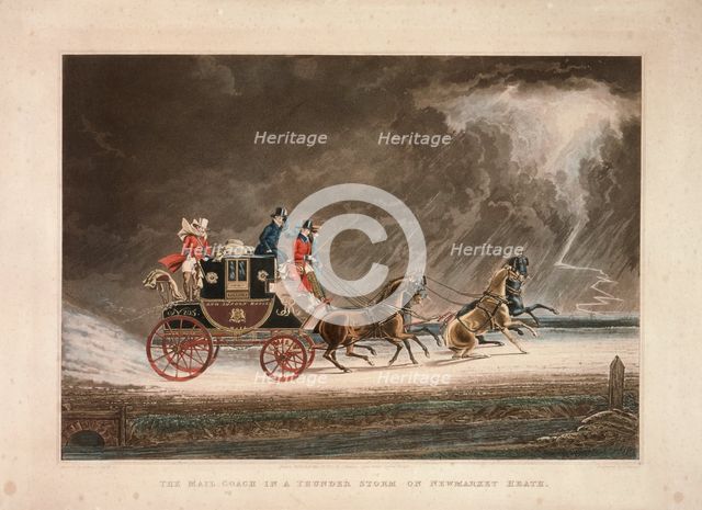 The mail coach in a thunderstorm on Newmarket Heath, Suffolk, 1827.  Creator: G Reeves.