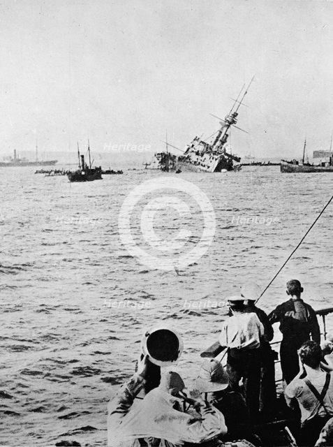 'The Majestic sinking after being torpedoed by an enemy submarine', 1915. Artist: Unknown.