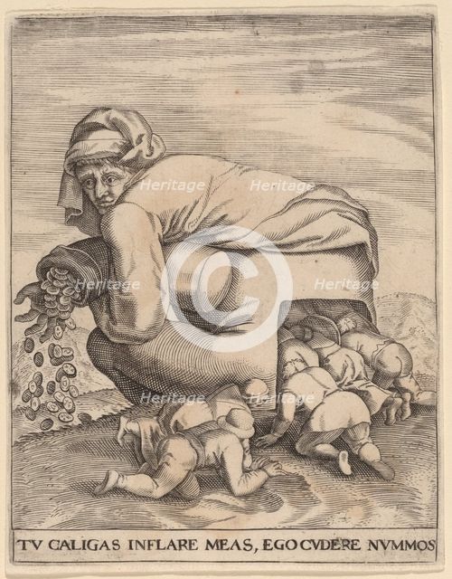 The Man with the Moneybag and His Flatterers. Creator: Johann Theodor de Bry.