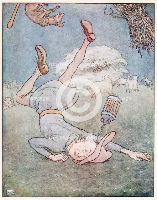 The man in the moon came tumbling down, from A Nursery Rhyme Picture Book, pub. 1914. Creator: Leonard Leslie Brooke (1862 - 1940).